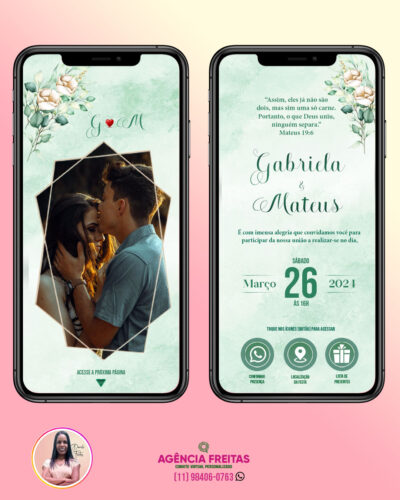 Convite de Casamento Virtual Interativo Verde Esmeralda com 2 Páginas